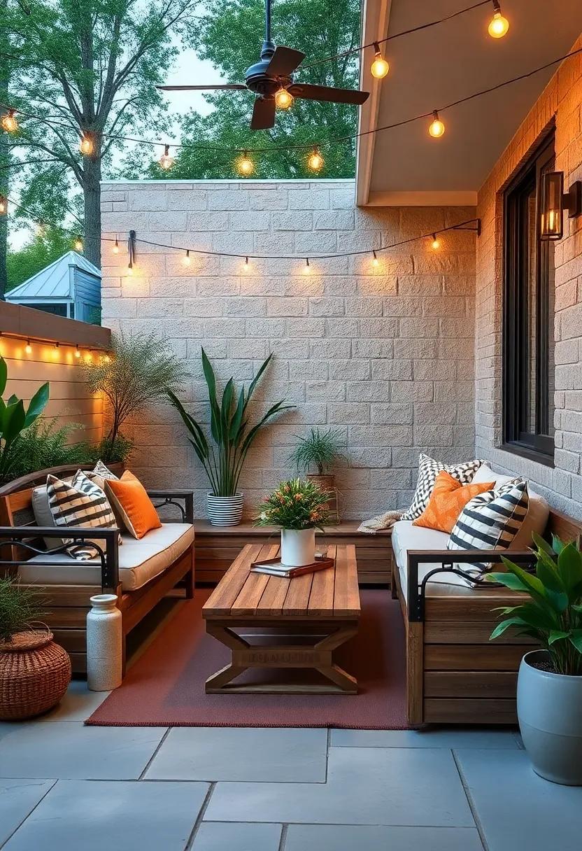 Rustic Outdoor Patios Showcasing Custom-Built Storage Benches with Weathered Wood and Twinkling String Lights