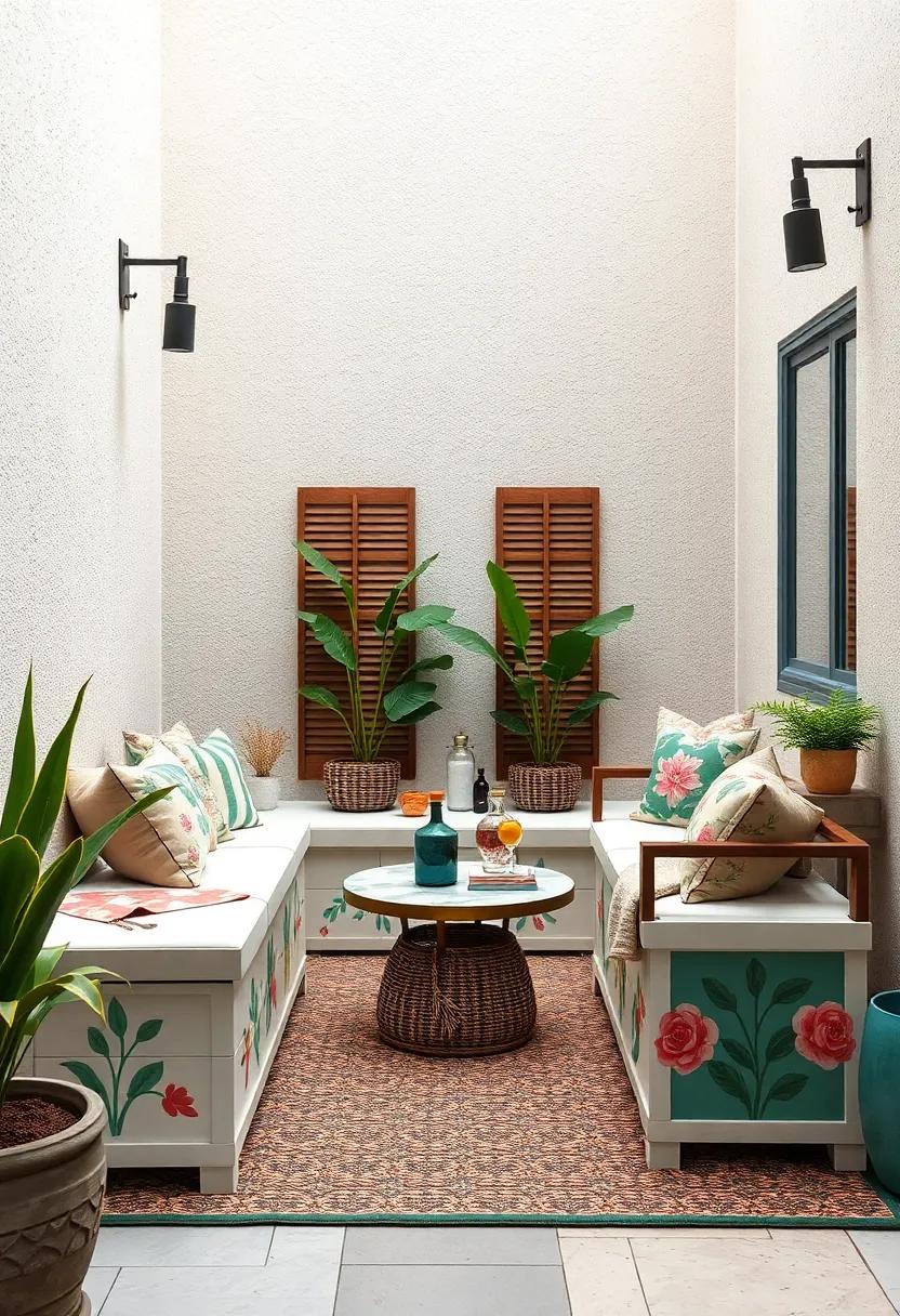 Artisan Crafted Storage Benches with Painted Floral Motifs and Mixed Material Accents in Compact Outdoor Areas