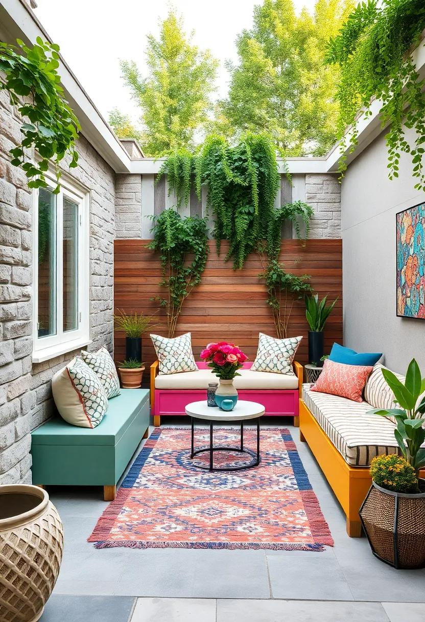Eclectic Small Patio Designs Showcasing Color-Blocked Storage Benches Paired with Funky Outdoor Rugs and Pillows