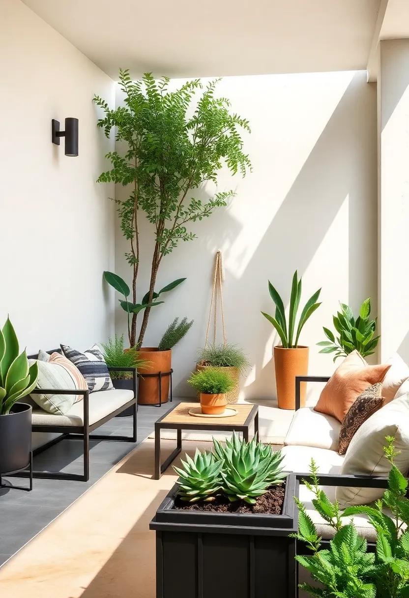 Modern Minimalist Patio Designs with Sleek Metal Storage Benches and Succulent Planters Creating Serene Environments