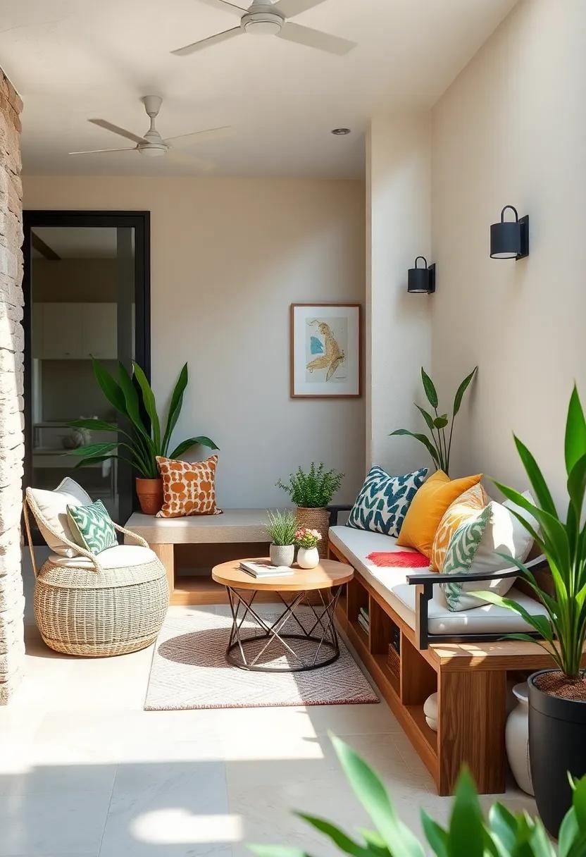 Multifunctional Storage Benches with Built-In Open Shelves and Cozy Cushions in Tiny Backyard Spaces