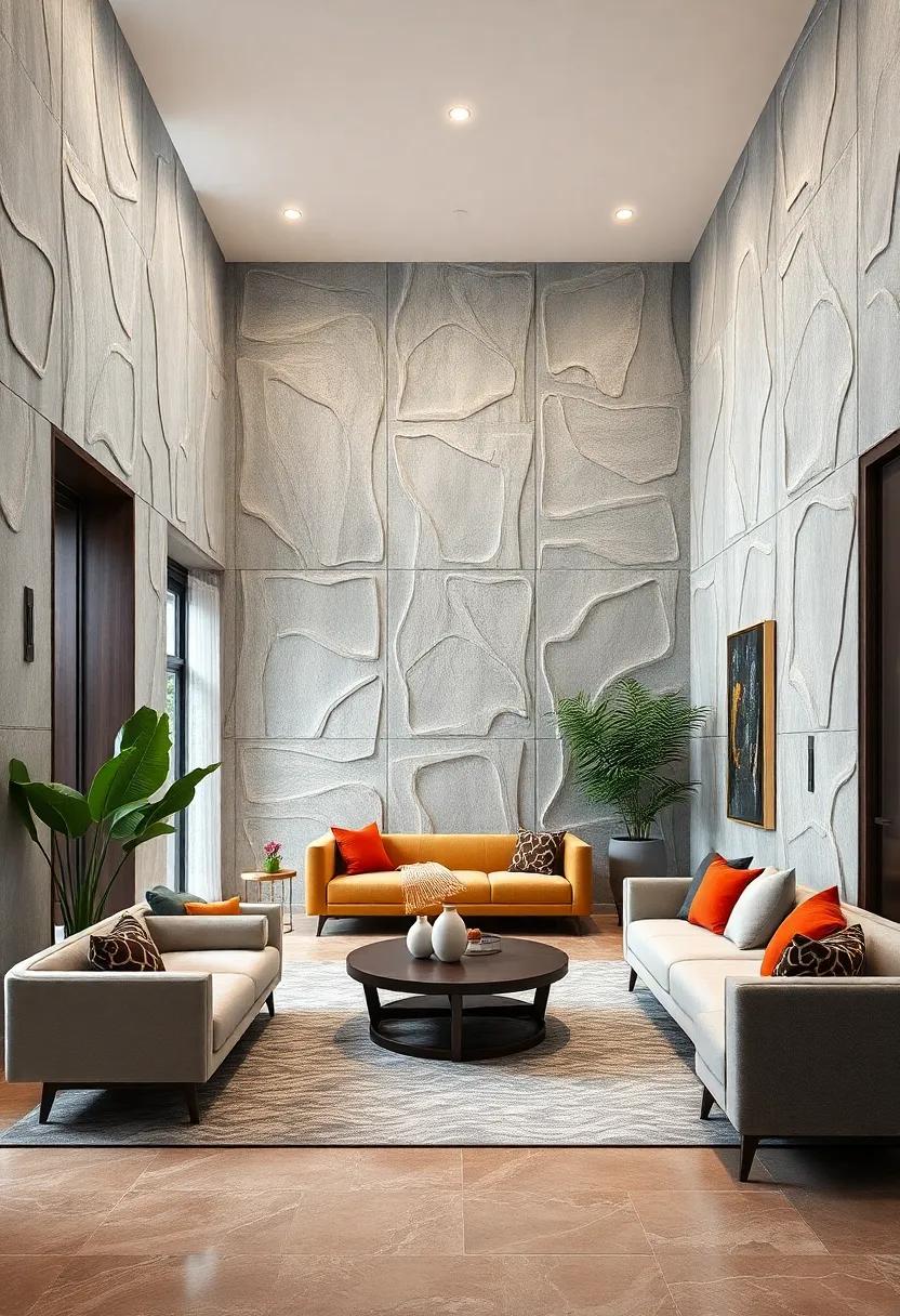 Soft Organic Shapes in Textured Panels Bringing Serenity to Spacious Modern Halls