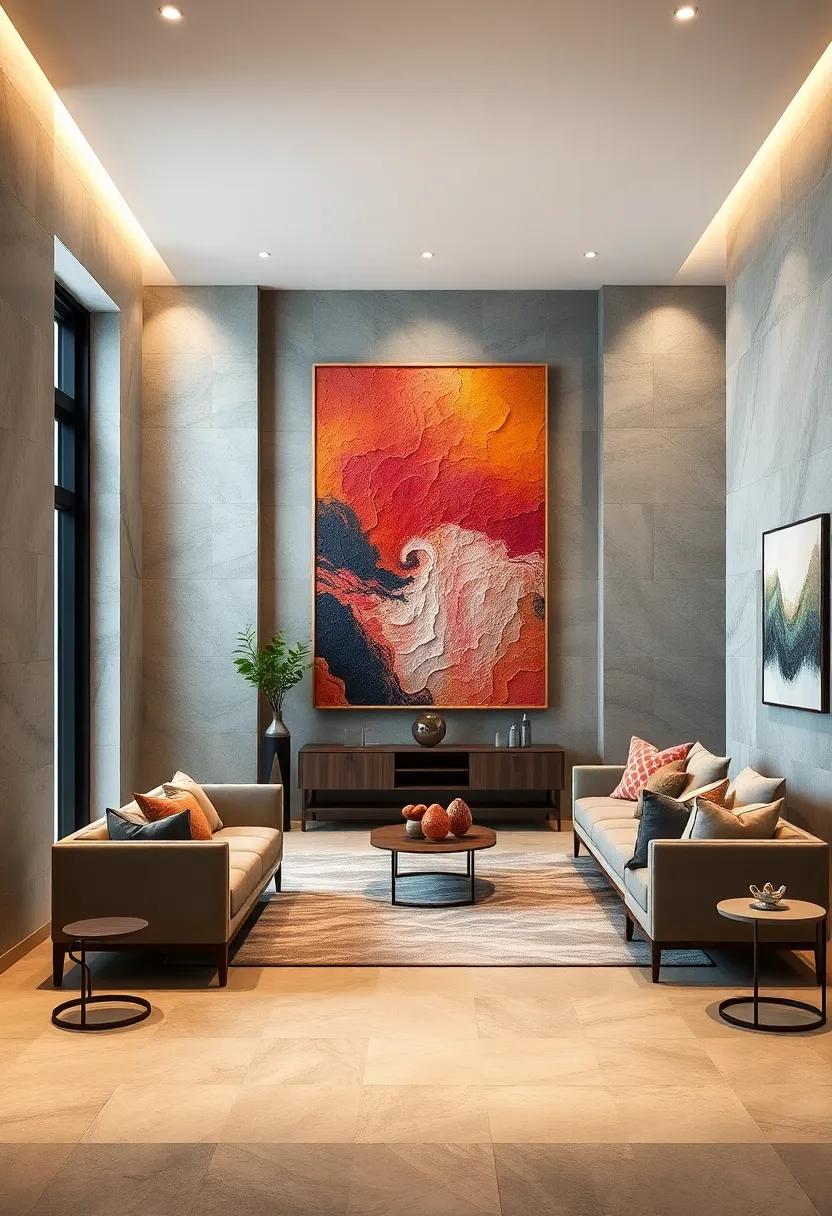 Elevating Entrance Halls with Oversized Textured Art Panels as Bold Visual Anchors