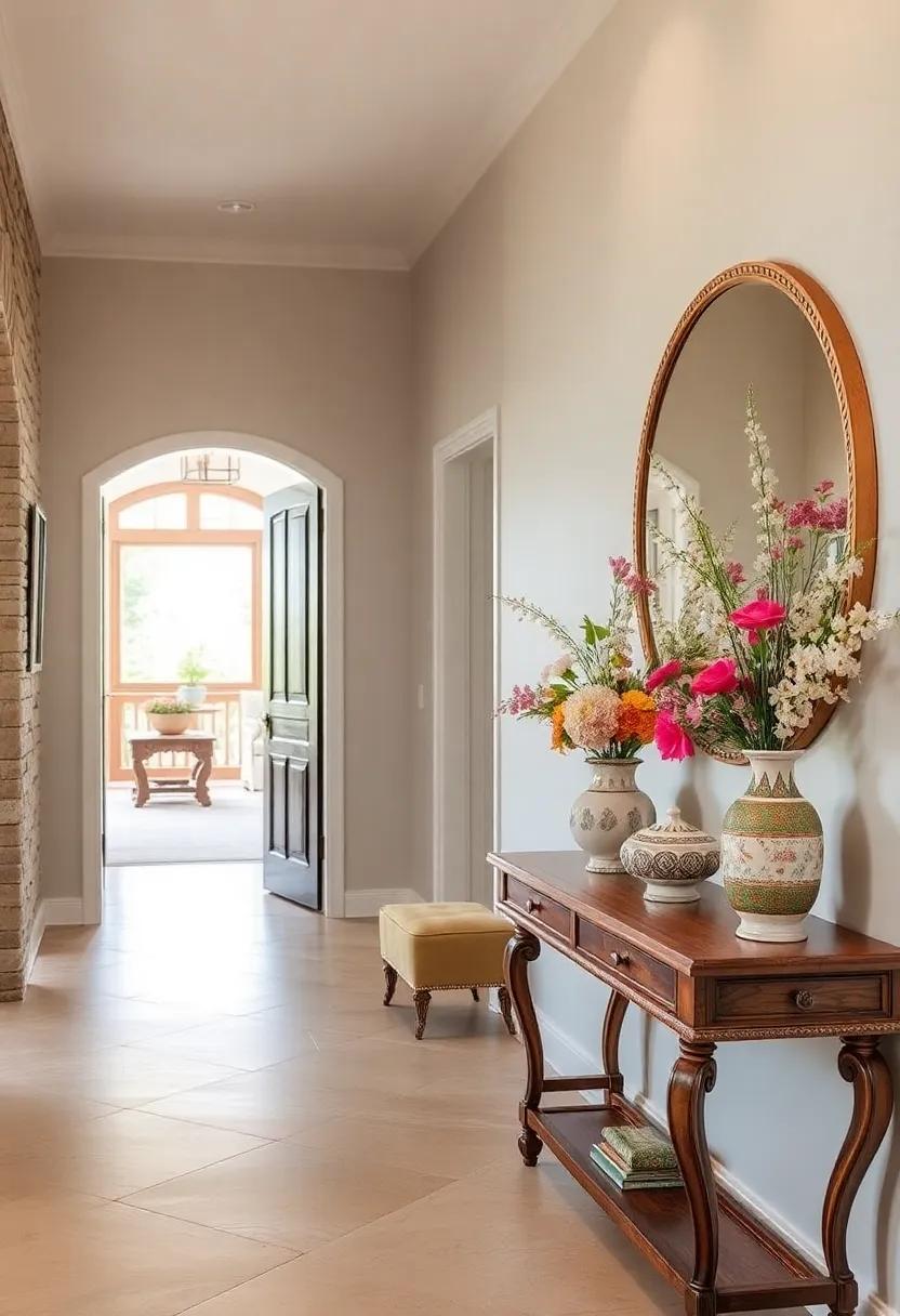 Antique Console Tables Adorned with Handcrafted Ceramics and Fresh Floral Arrangements