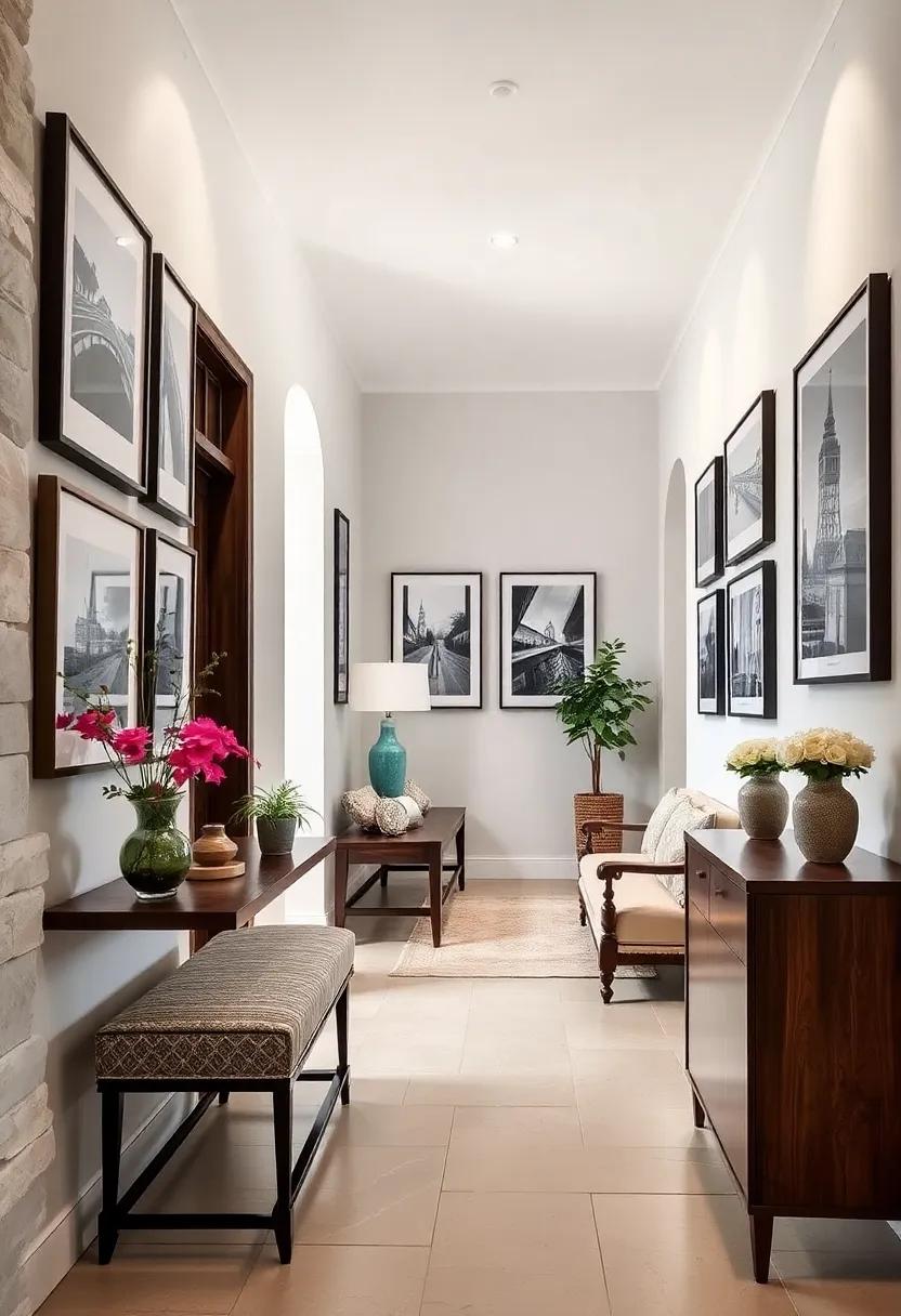 Artful Gallery Walls Featuring Eclectic Black and White Photography in Traditional Hallway Scenes