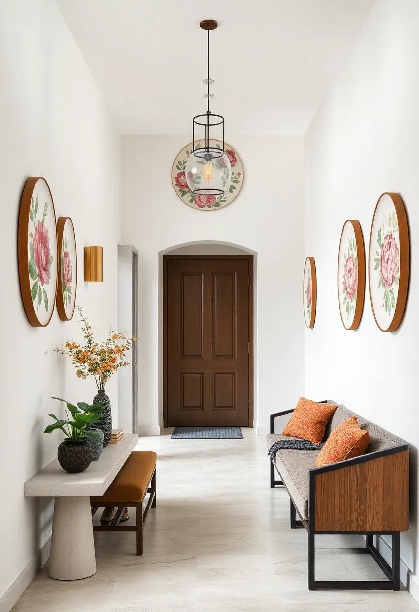 Ceramic Wall Plates with Hand-Painted Floral Motifs Adding Colorful Focal Points to Neutral Hallways