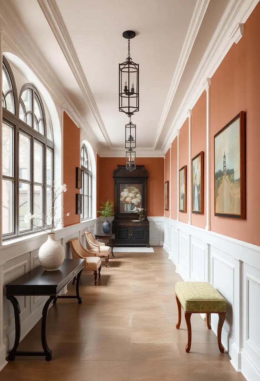 Classic Wainscoting and Crown Molding Enhancing Architectural Detail Along Historic Corridor Spaces