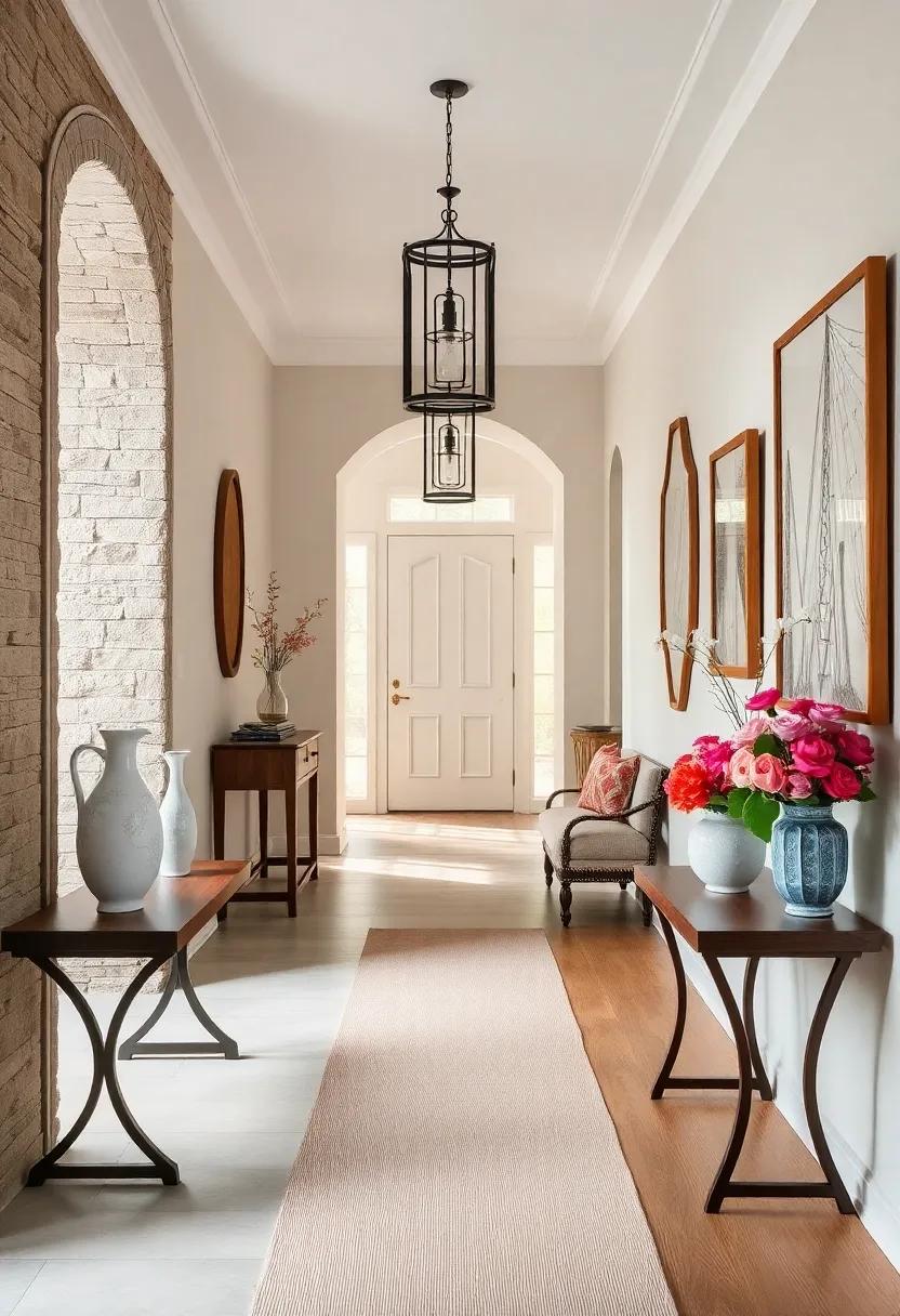Classic Porcelain Pitchers Used as Decorative Centerpieces on Narrow Hallway Tables with Linen Runners