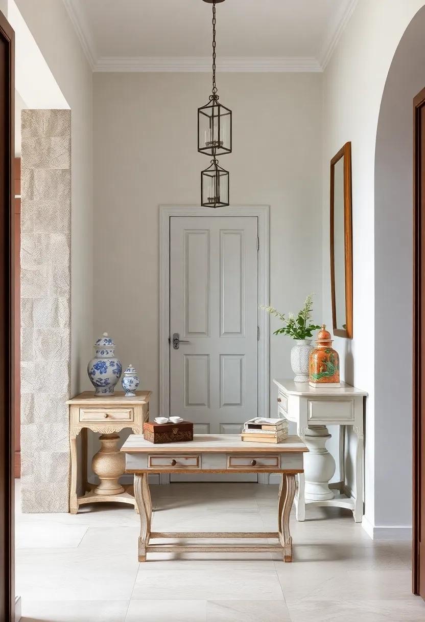 Delicate Porcelain Figurines and Vintage Trinket Boxes Set Against Distressed Painted Console Tables