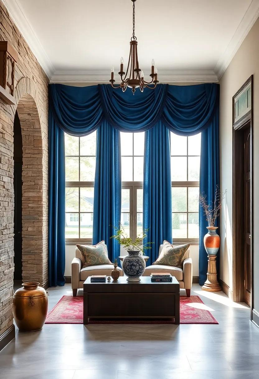 Elegant Drapery Panels Framing Hallway Windows in Deep Jewel Tones Against Soft Sunlit Backgrounds