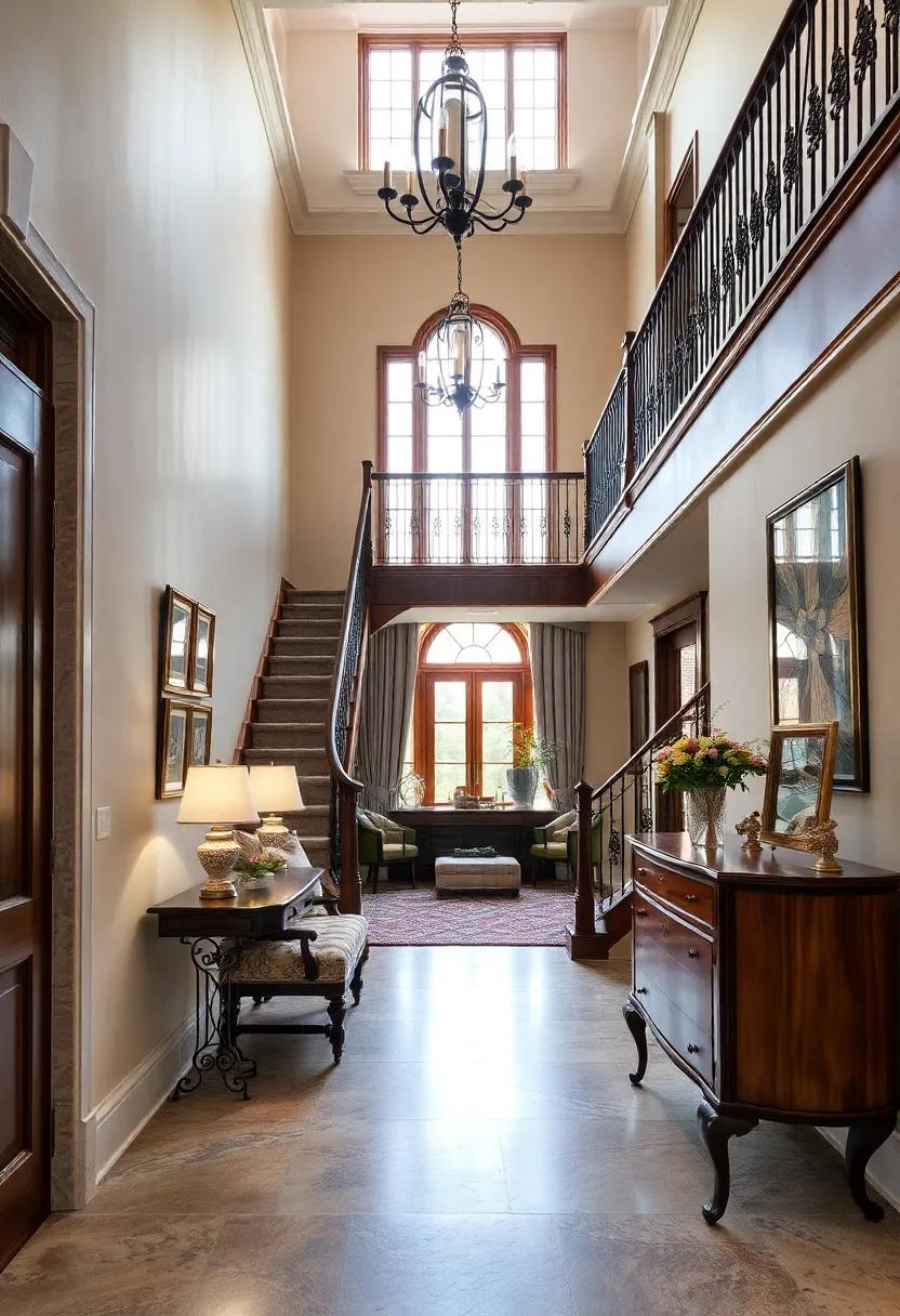 Grand Staircase Views Featuring Ornamental Iron Railings and Richly Stained Banisters in Timeless Style
