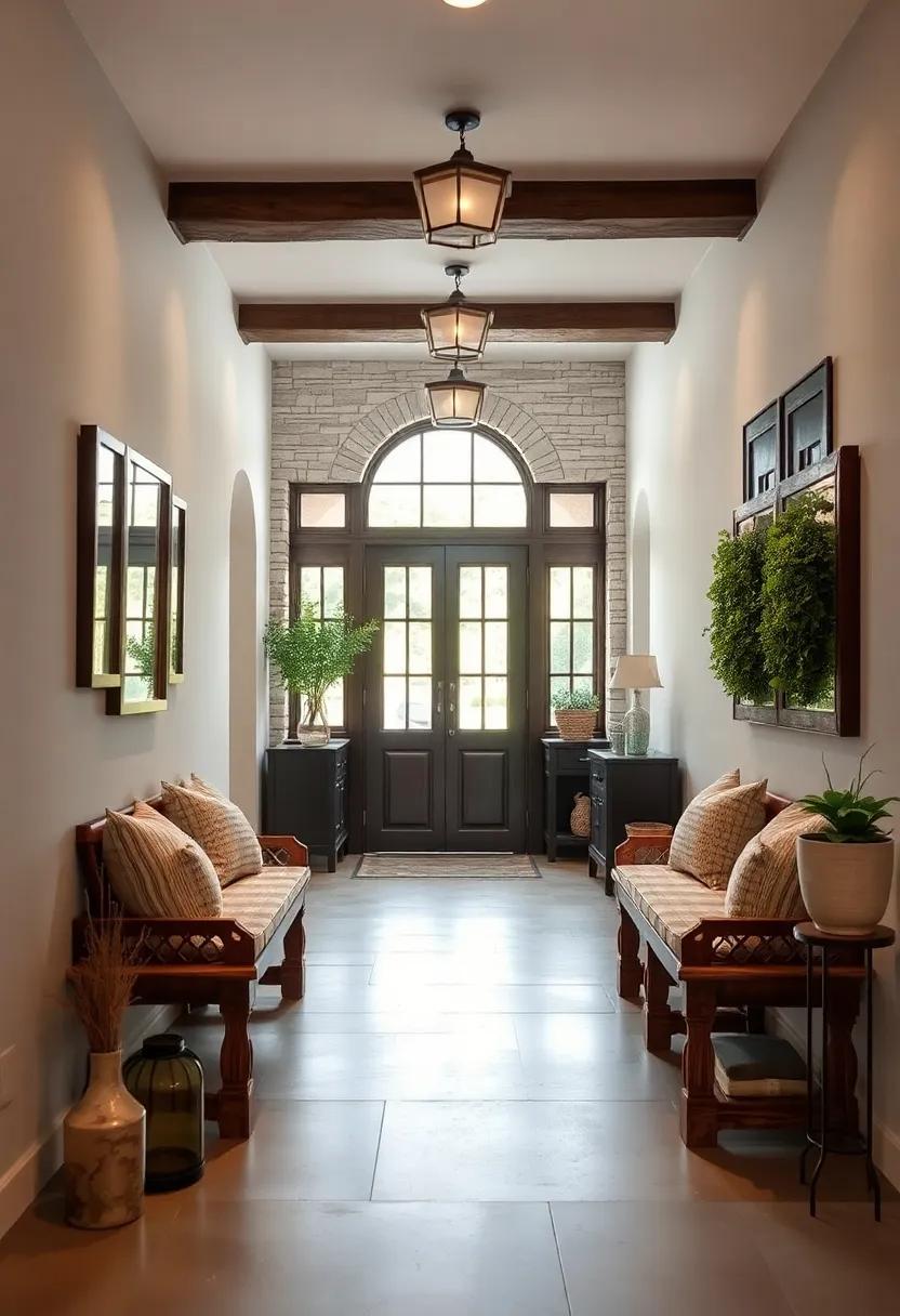 Inviting Warmth through Rustic Wooden Benches Paired with Cozy Cushions in Classic Entryways