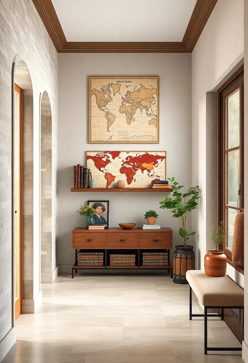 Leather-Bound Books and Old World Maps Displayed on Floating Shelves for Classic Literary Flair