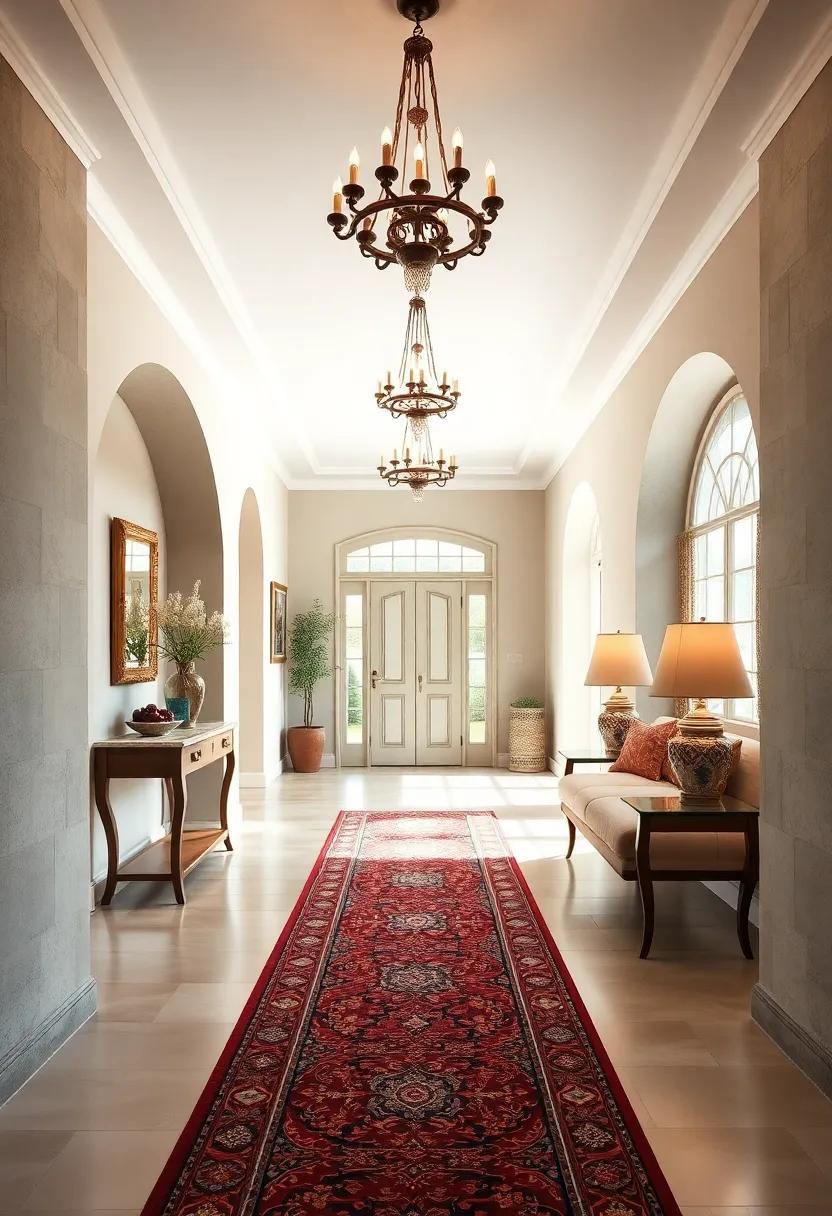 Ornate Chandeliers Casting Gentle Glow over Intricately Patterned Persian Runner Rugs