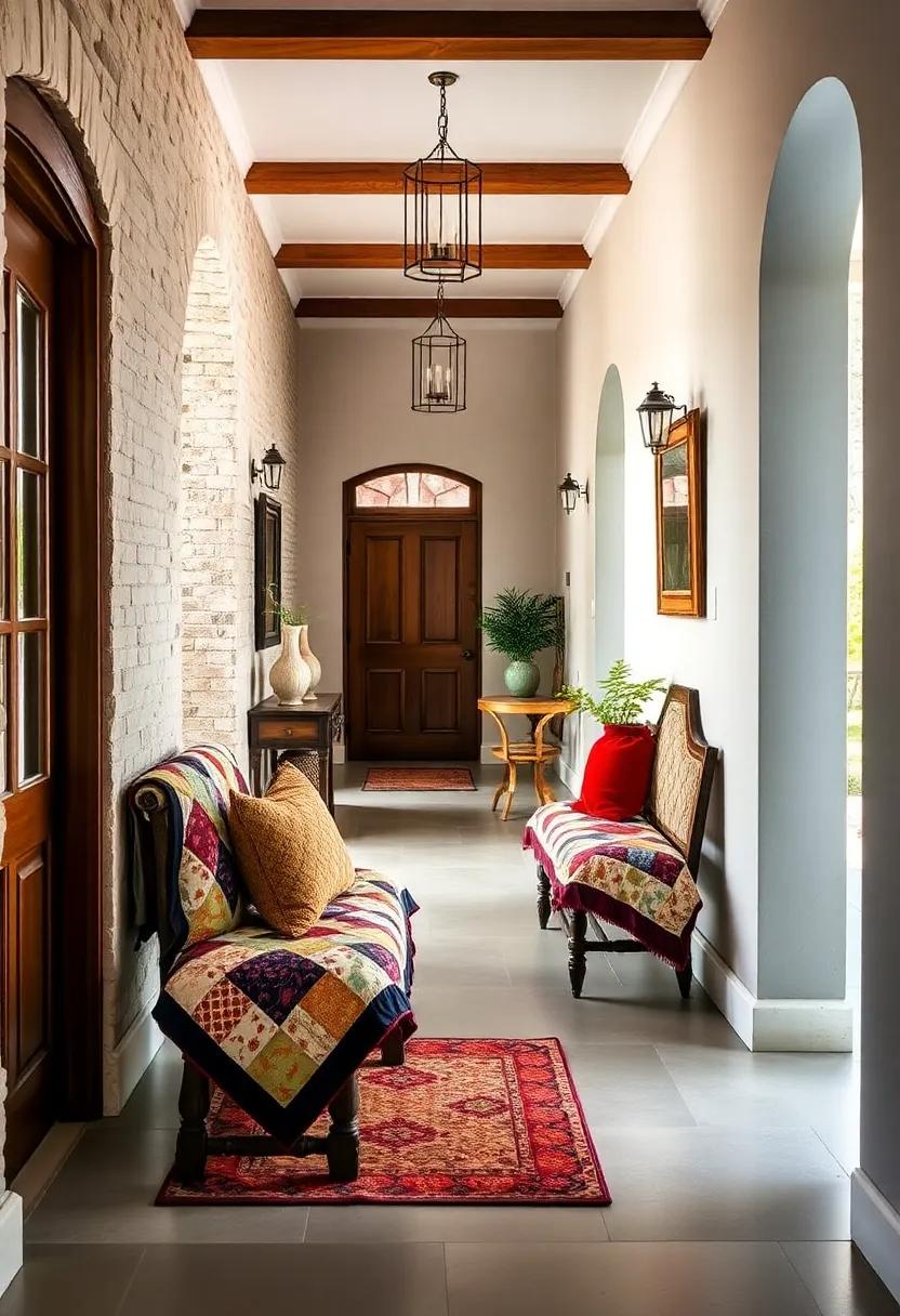 Refined Patchwork Quilts Draped Over Small Benches Offering Cozy Visual Contrast in Traditional Halls
