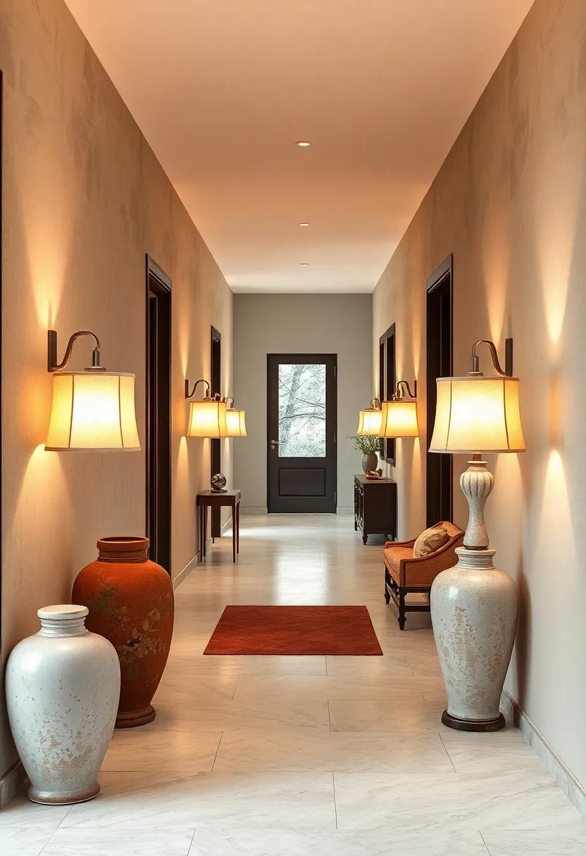 Soft Glazed Pottery Lamps Casting Ambient Light with Classic Fabric Lampshades Along Corridor Walls