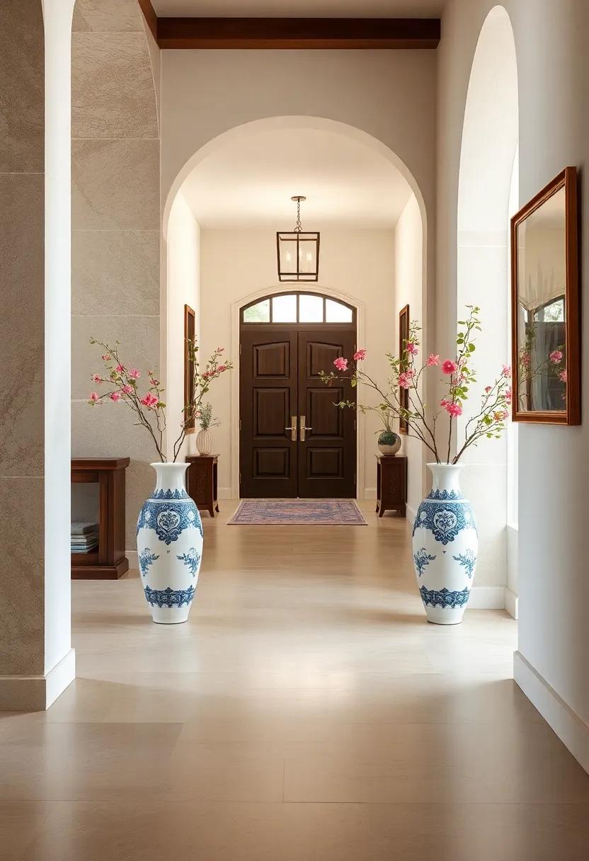 Symmetrical Arrangements of Porcelain Vases and Classic Books Creating Balance and Interest