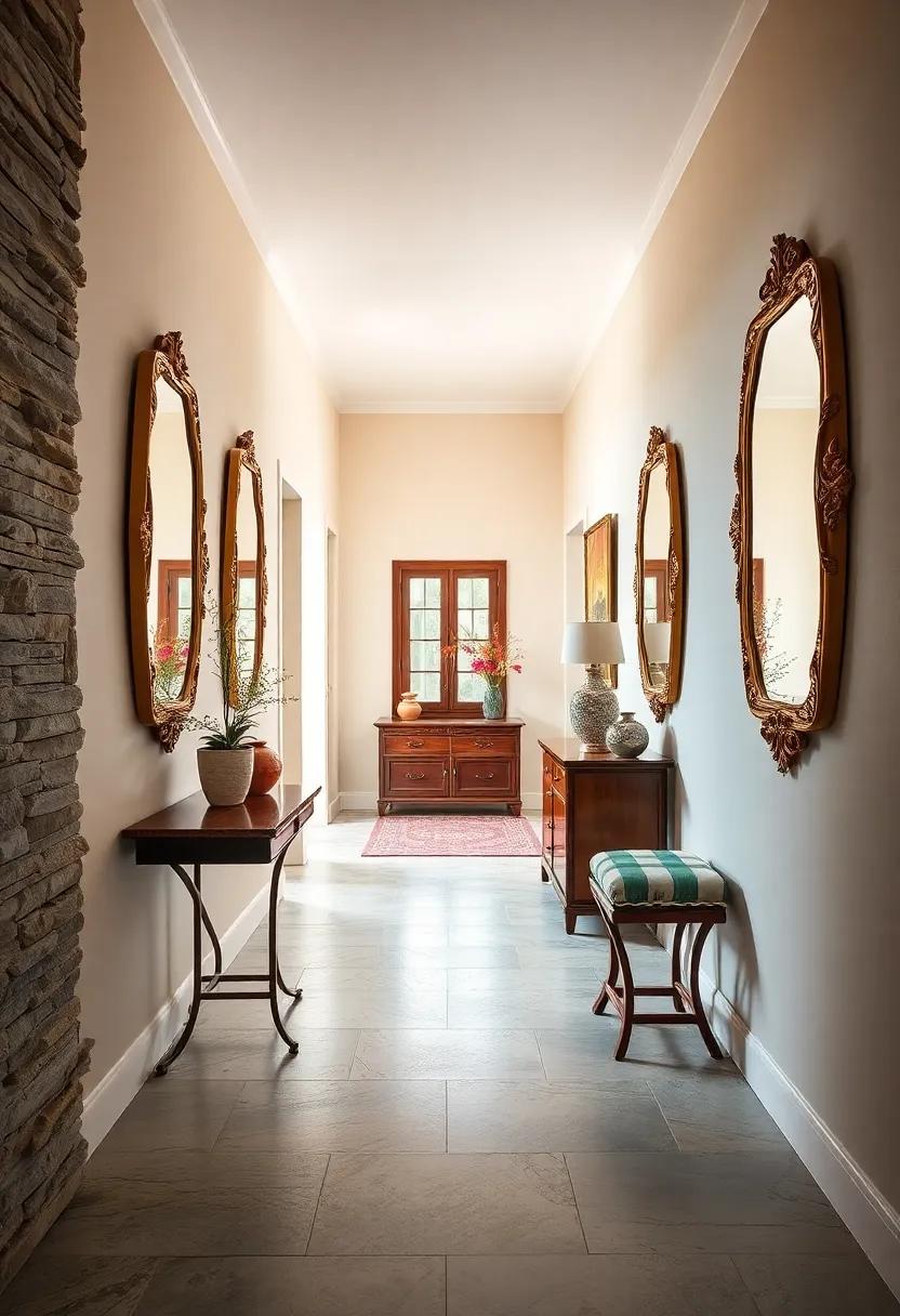 Timeless Elegance with Vintage Wall Mirrors Reflecting Soft Natural Light in Narrow Hallways