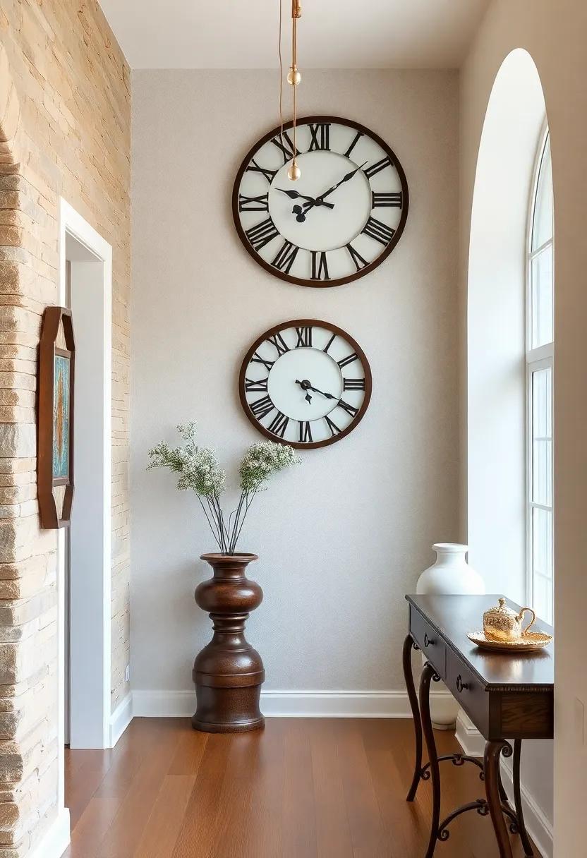 Vintage Clocks with Roman Numerals as Statement Pieces Displayed on Antique Wall Brackets