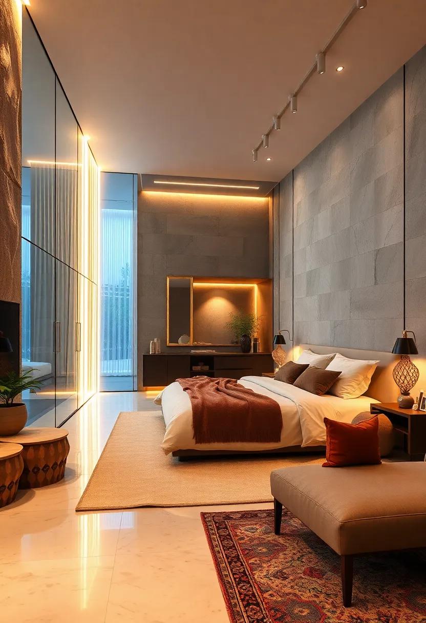 Cascading LED Strips Softly Illuminating the Architectural Lines of High-End Glass Bedroom Designs