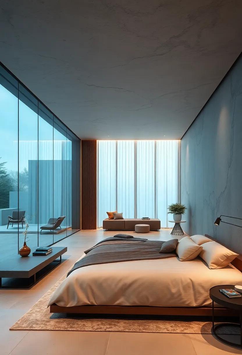 Floating Bed Frames and Low-Profile Furnishings Harmonizing With Sleek Glass Wall Designs