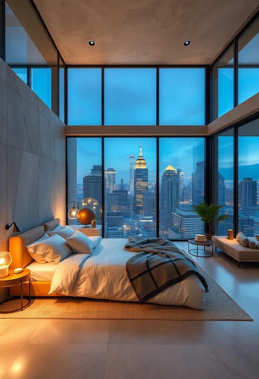Dynamic Views of City Skylines Framing Glass-Walled Bedrooms with Evening Ambient Glow