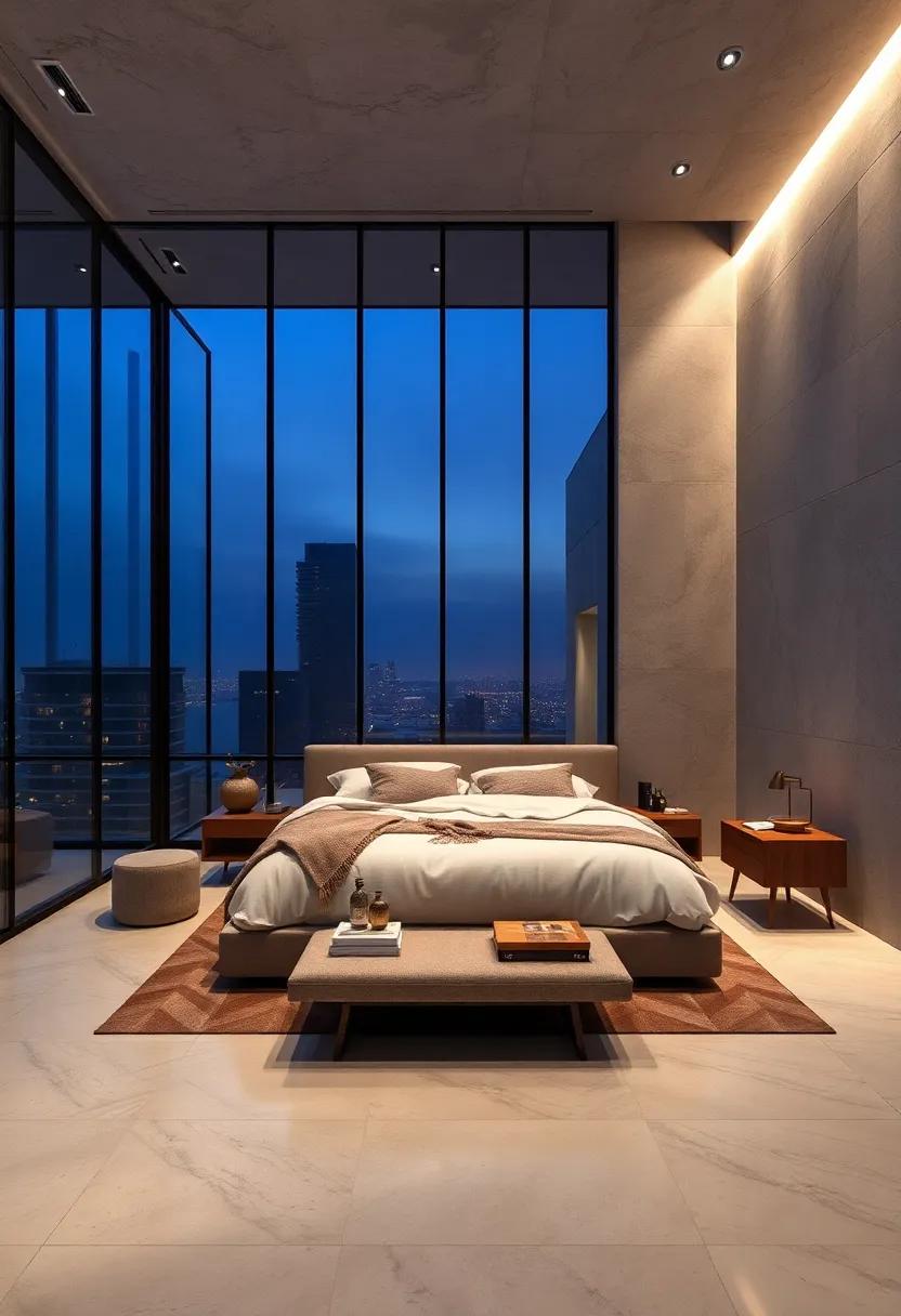 Urban Loft Style Bedrooms Featuring Floor-to-Ceiling Glass Walls and Moody Ambient Lighting