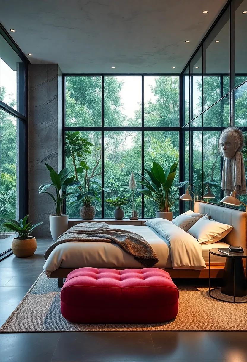 Incorporating Nature Indoors With Potted Plants and Organic Accents Amidst Glass Bedroom Walls