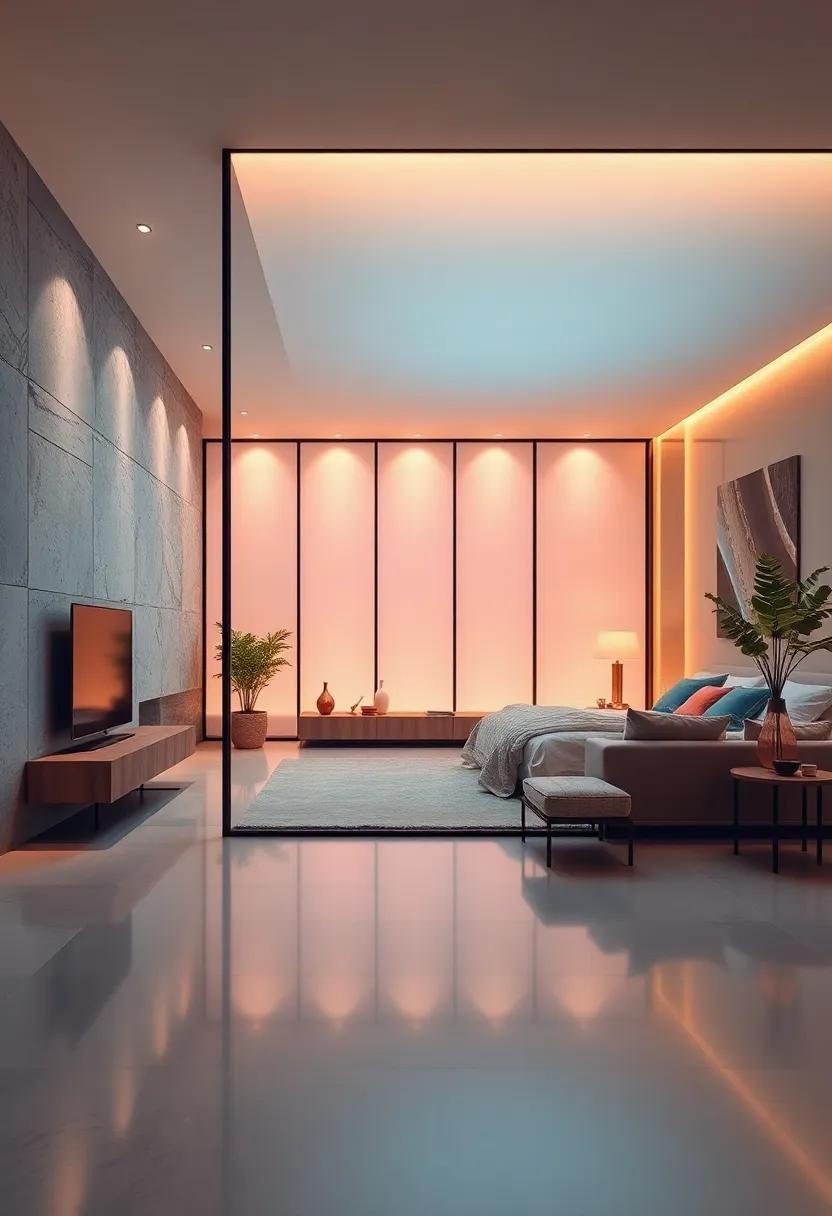 Subtle Gradients in Ambient Lighting Shaping the Mood From Morning to Night in Glass Bedrooms