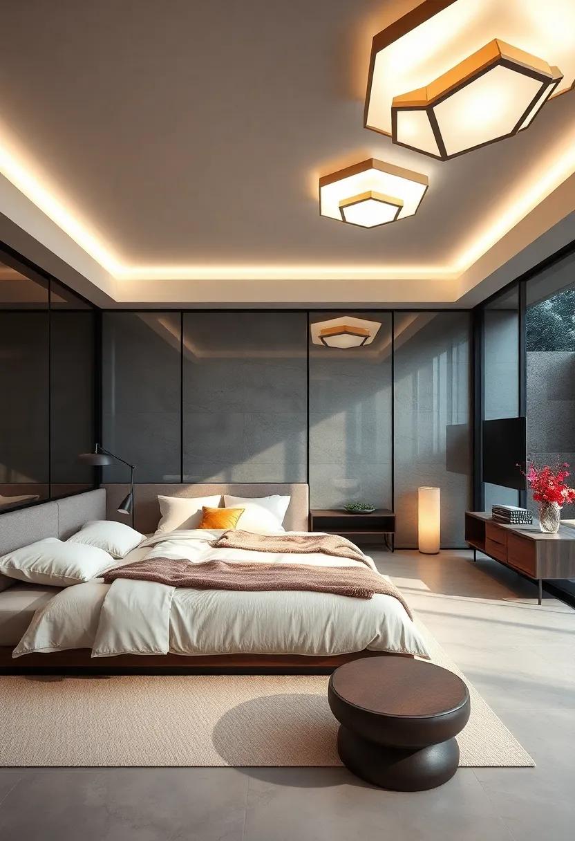 Geometric Ceiling Fixtures Casting Subtle Shadows and Enhancing the Ambient Glow Effect