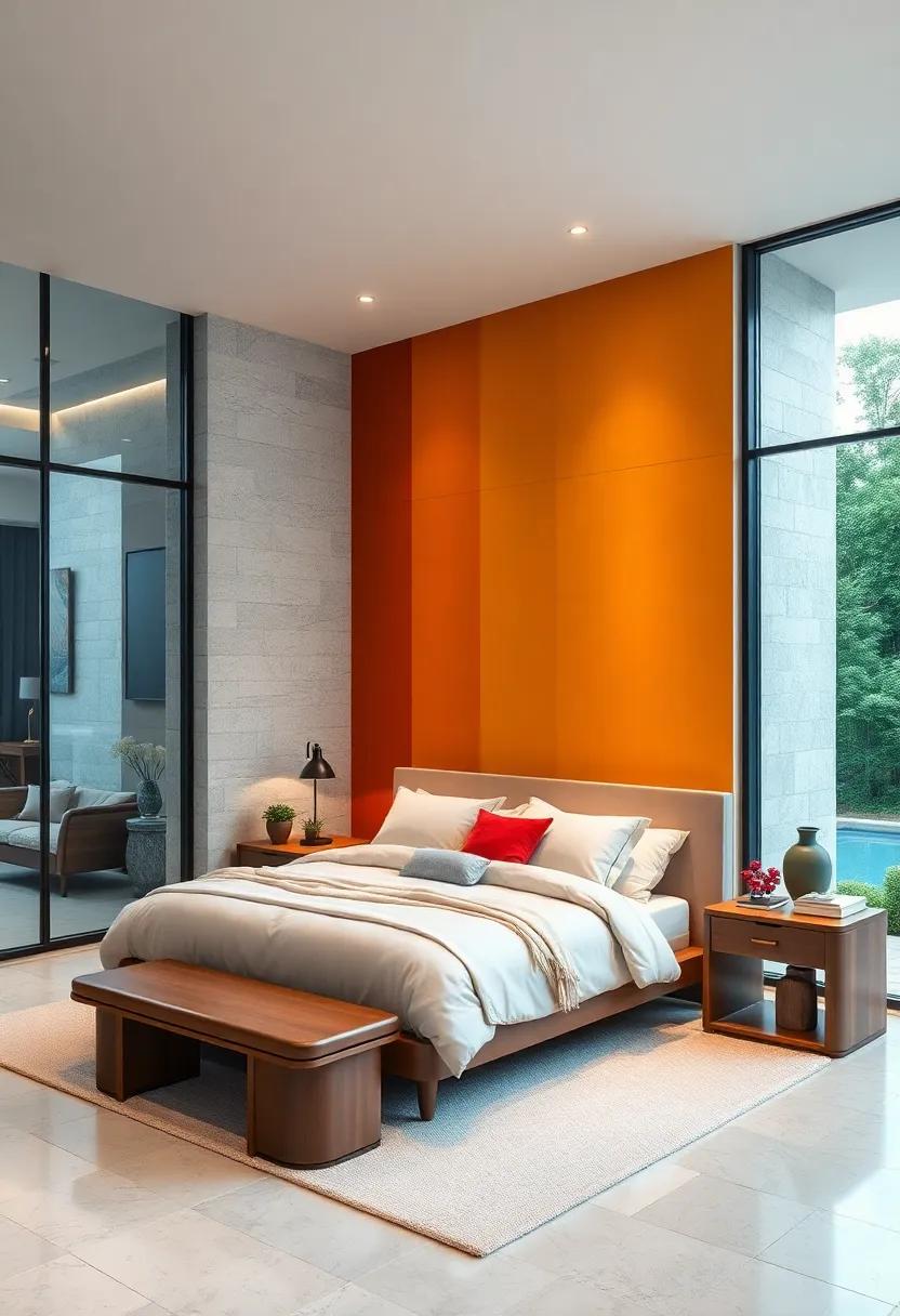 Bold Accent Walls Behind Glass Panes Creating Visual Contrast in Serene Modern Bedrooms