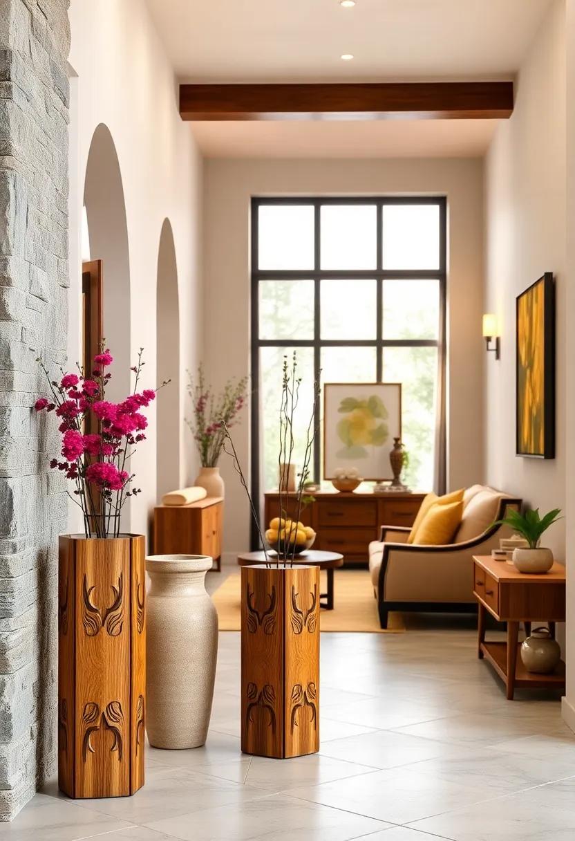 Elegant Umbrella Stands Crafted from Natural Wood Featuring Intricate Carvings to Enhance Entryway Warmth