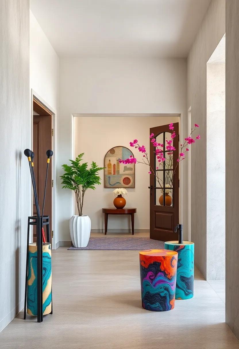 Bold Colorful Resin Accent Tables with Artistic Swirls Creating Vibrant Focal Points Near Doorways