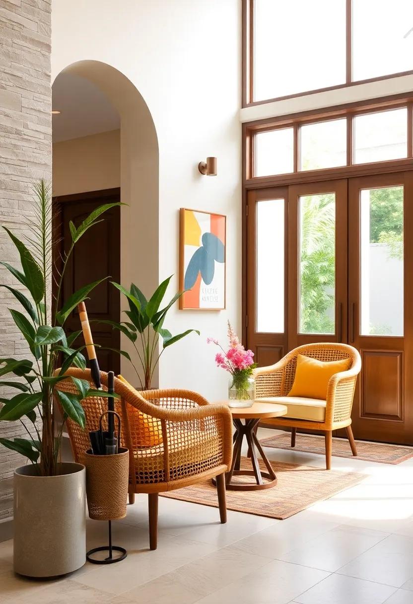 Woven Cane Armchairs with Built-In Umbrella Holders Combining Retro Style and Practical Entryway Use