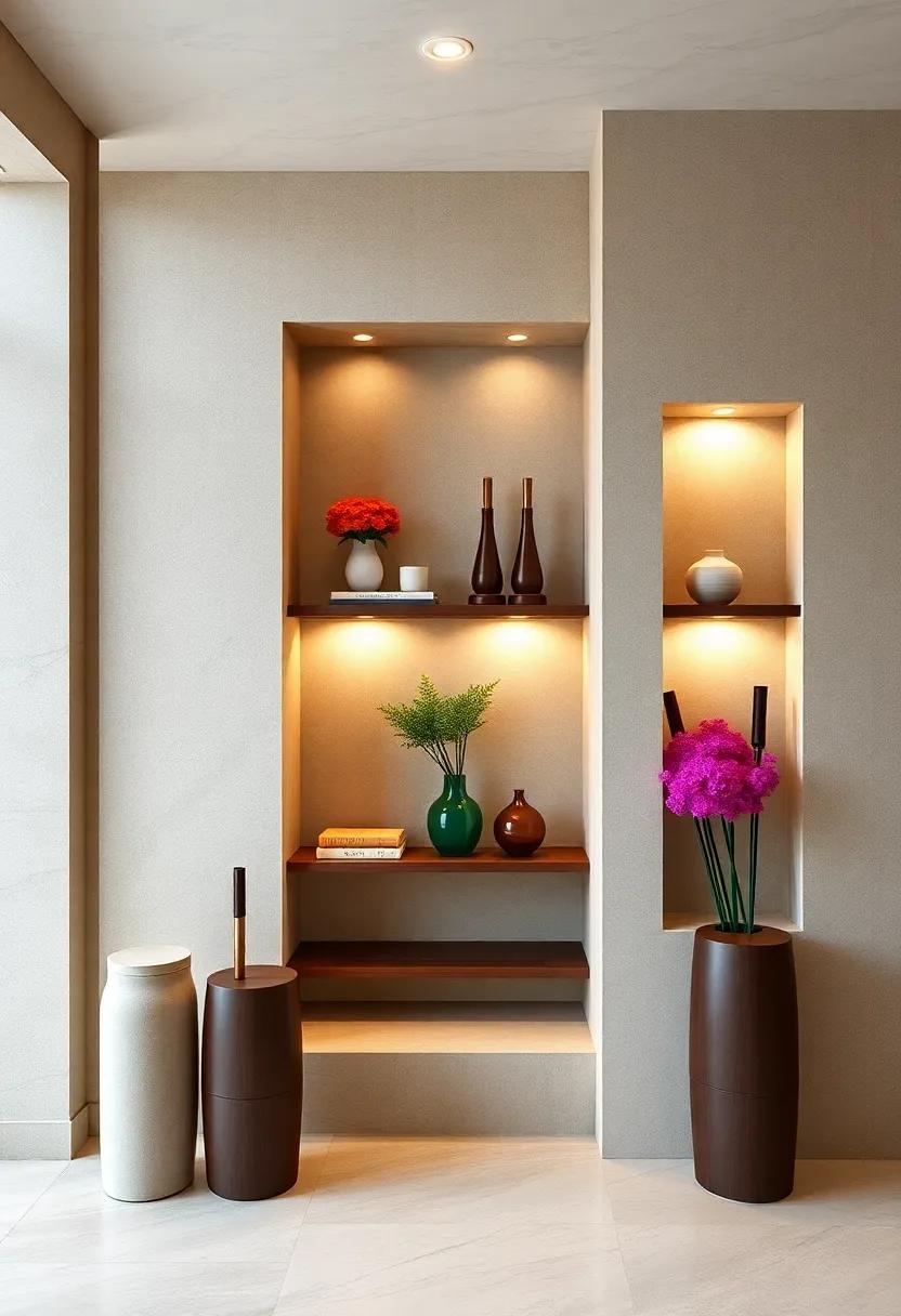 Elegant Shadow Box Shelving Units Showcasing Small Decorative Items Alongside Practical Umbrella Storage