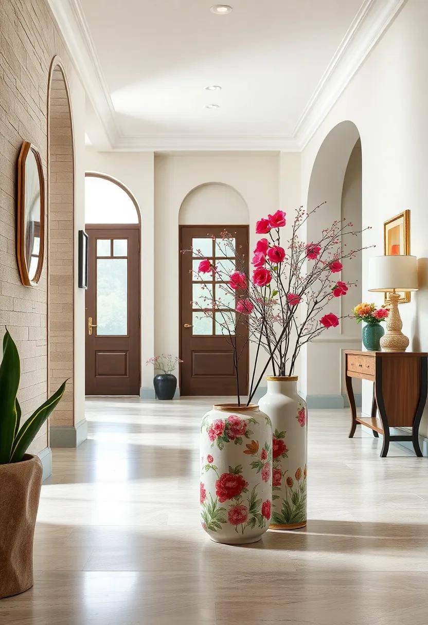 Vintage-Inspired Ceramic Umbrella Stands Adorned with Floral Patterns Adding a Nostalgic Touch to Classic Hallways