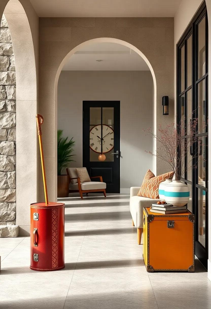 Hand-Painted Vintage Suitcase Side Tables Doubling as Storage and Statement Pieces Next to Umbrella Stands