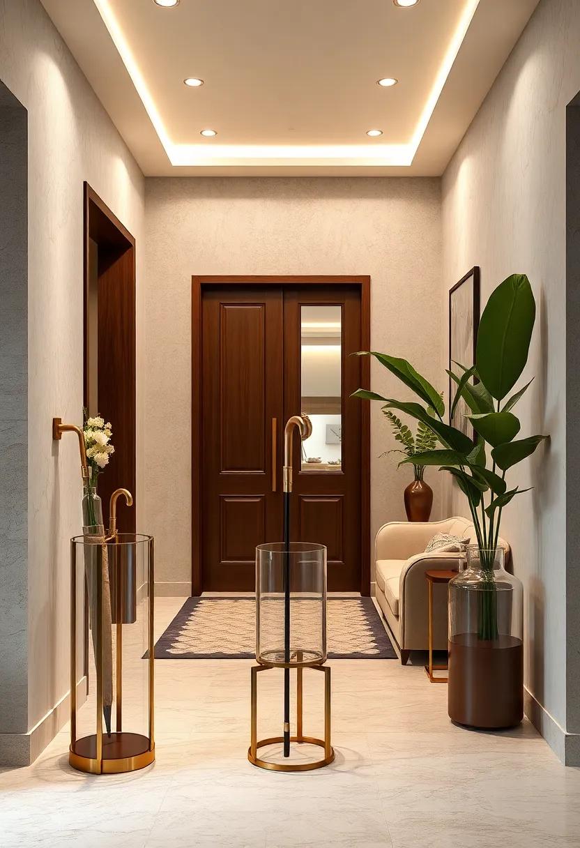 Delicate Glass and Brass Umbrella Holders Combining Transparency and Shine for Luxurious Entry Display
