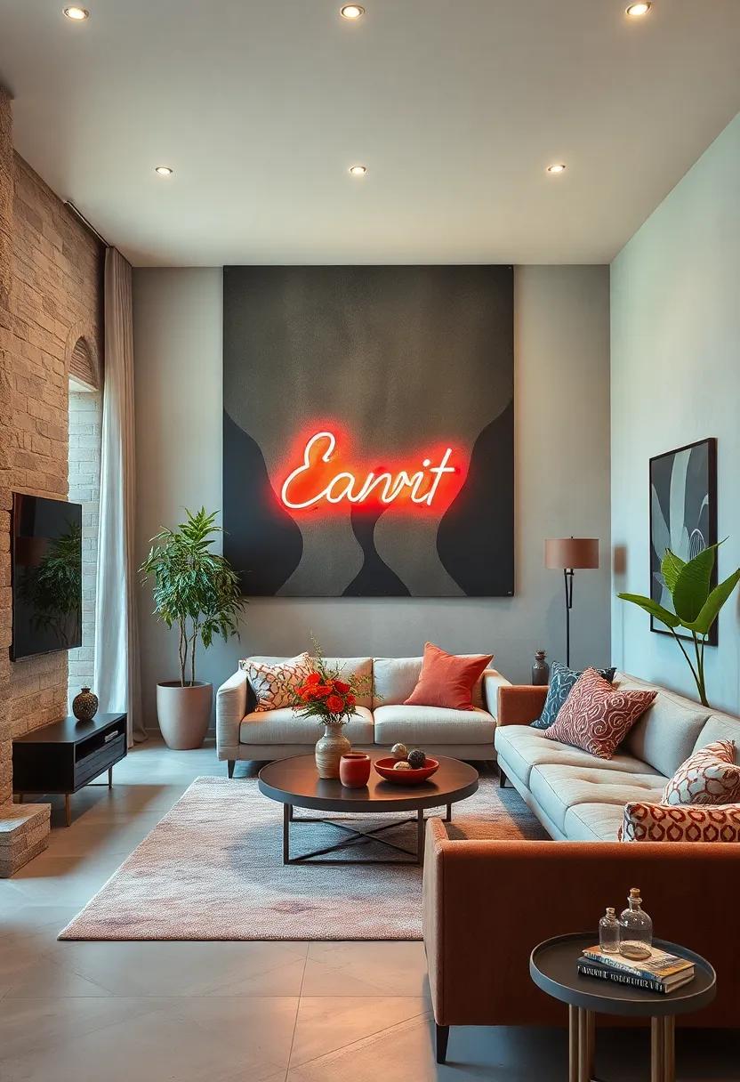 Oversized Neon Signs Creating Dynamic and Lively Focal Points in Eclectic Rooms