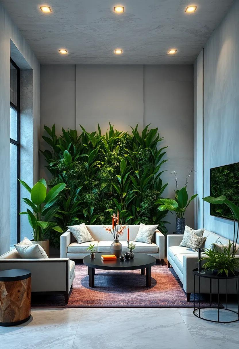 Sculptural Plant Arrangements Creating Artistic Statements Within Green Privacy Walls