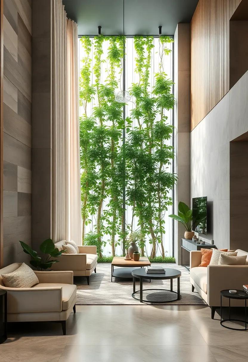 Visual Contrast Between Modern Building Materials and Soft Organic Greenery in Vertical Displays