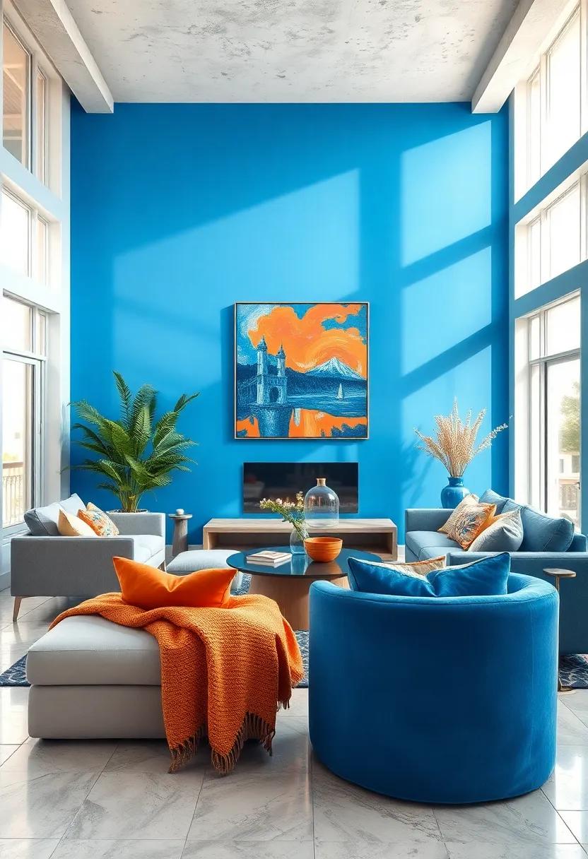 Dive Into a Living Room Bathed in Rich Vibrant Blue Walls and Sunlight Streaming Through Wide Windows