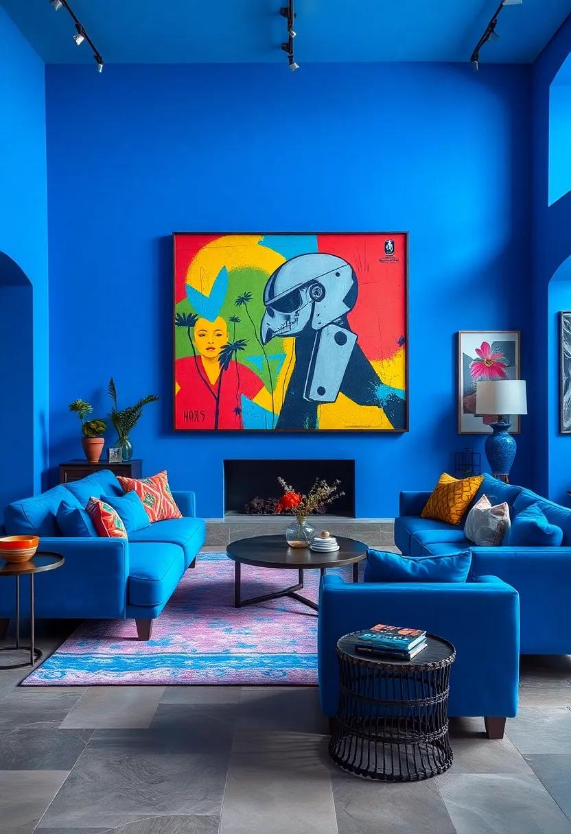 Art Gallery Vibes Created by Combining Intense Electric Blue Furnishings with Bold Street Art Pieces