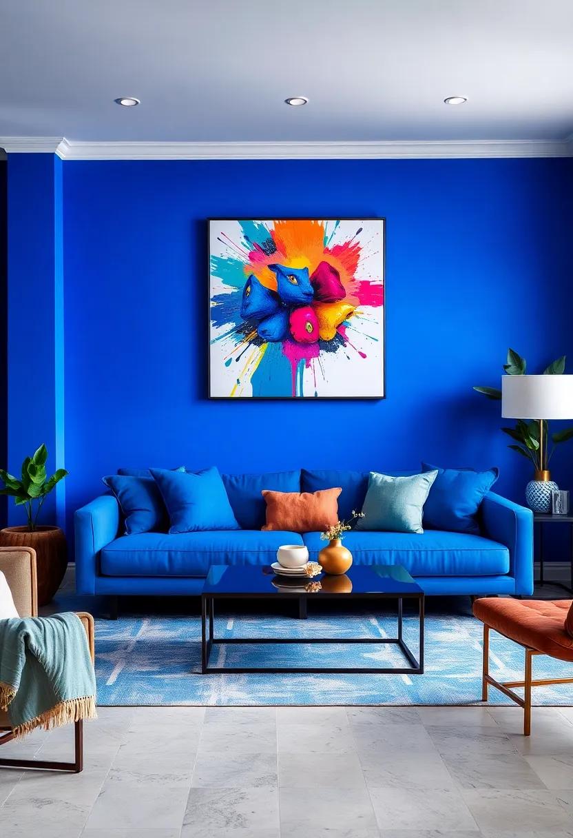 Vivid Cobalt Blue Decor Accentuated by Bold, Color Splash Pop Art Over a Minimalist Modern Sofa