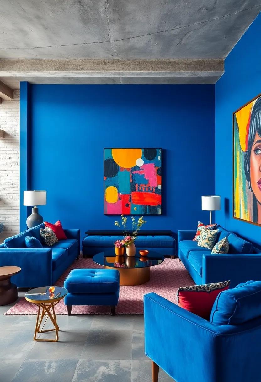 Striking Use of Royal Blue Furnishings Paired with Colorful Expressionist Art in a Loft Style Space