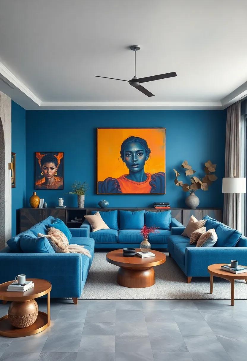 Cool Blue Tones of Upholstery Enhanced by Bold, Vibrant Portraiture Creating a Dramatic Interior Vibe