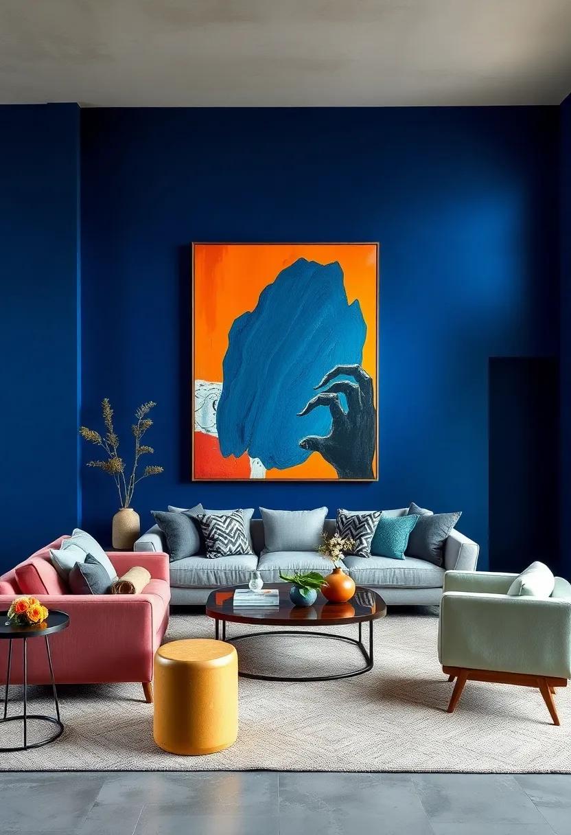 Deep Indigo Walls Surrounding a Mid-Century Modern Living Room Adorned With Eye-Catching Sculptural Art