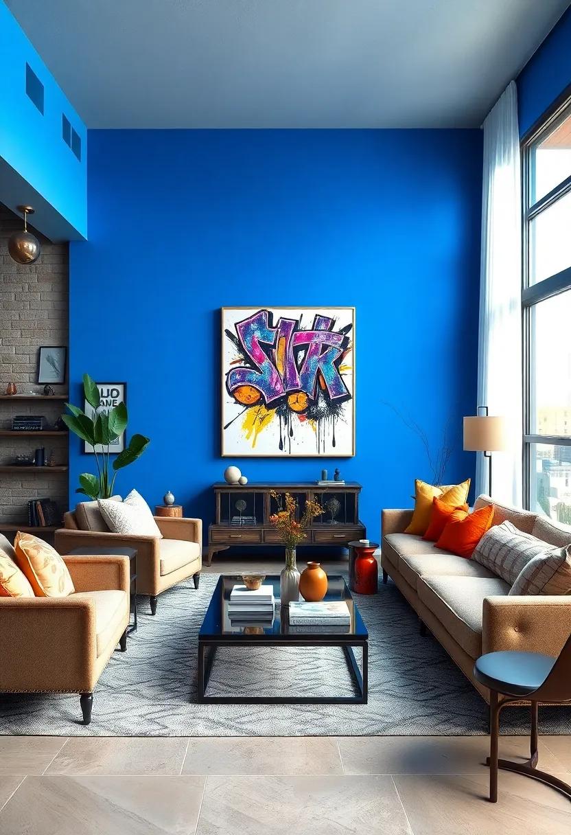 Electric Blue Accent Wall with Bold Graffiti-Inspired Art and Industrial Style Furnishings Creating Visual Drama