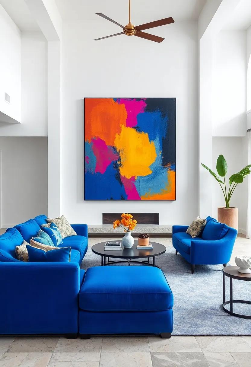 Fusion of Bold Blue Furniture Against a Crisp White Room Highlighted by Oversized, Vibrantly Colored Art