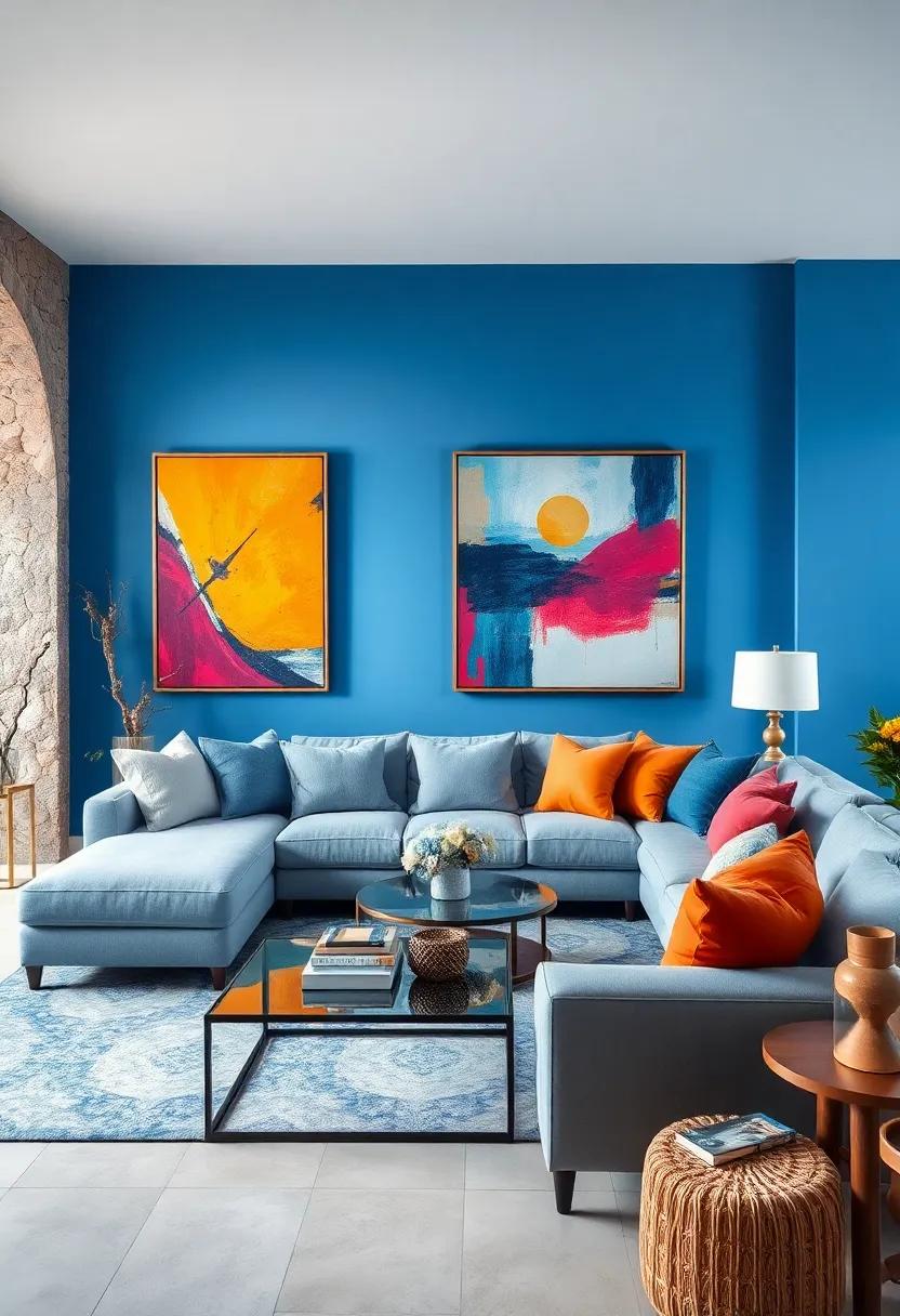Serene Living Room with Soft Blue Tones Paired with Vibrant, Energetic Paintings in Urban Style Frames